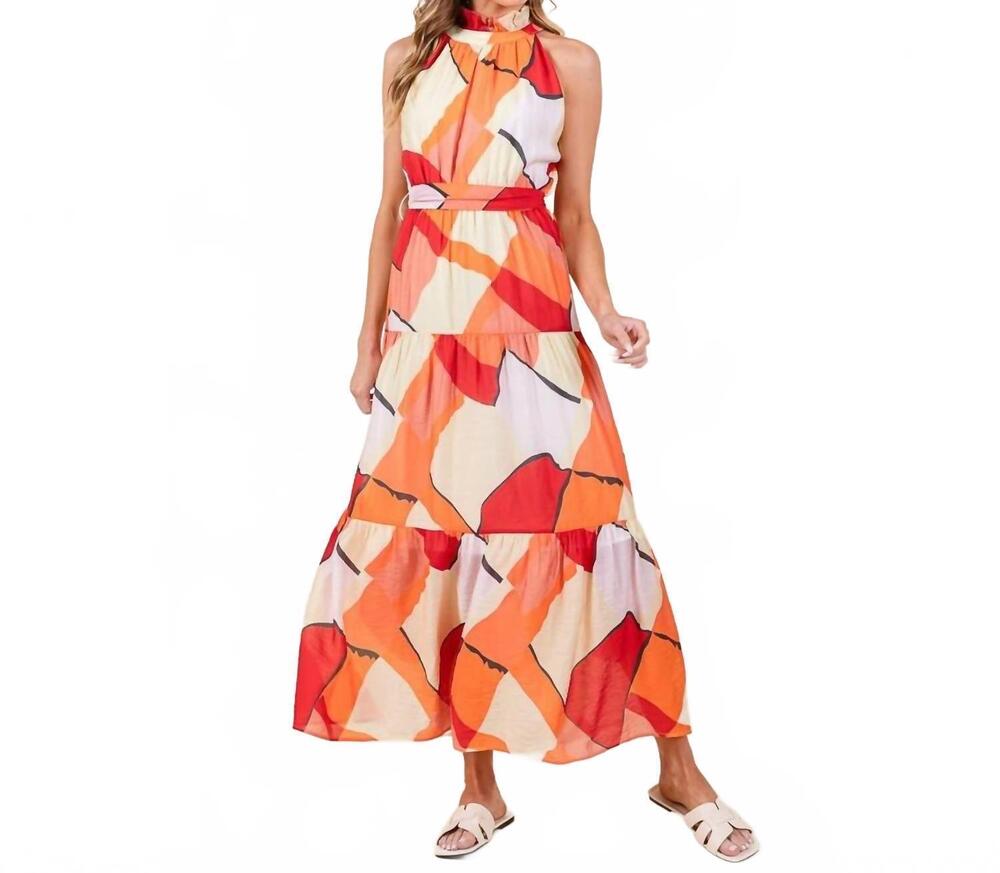 NEW LIME N CHILI print halter neck tie maxi dress in orange combo